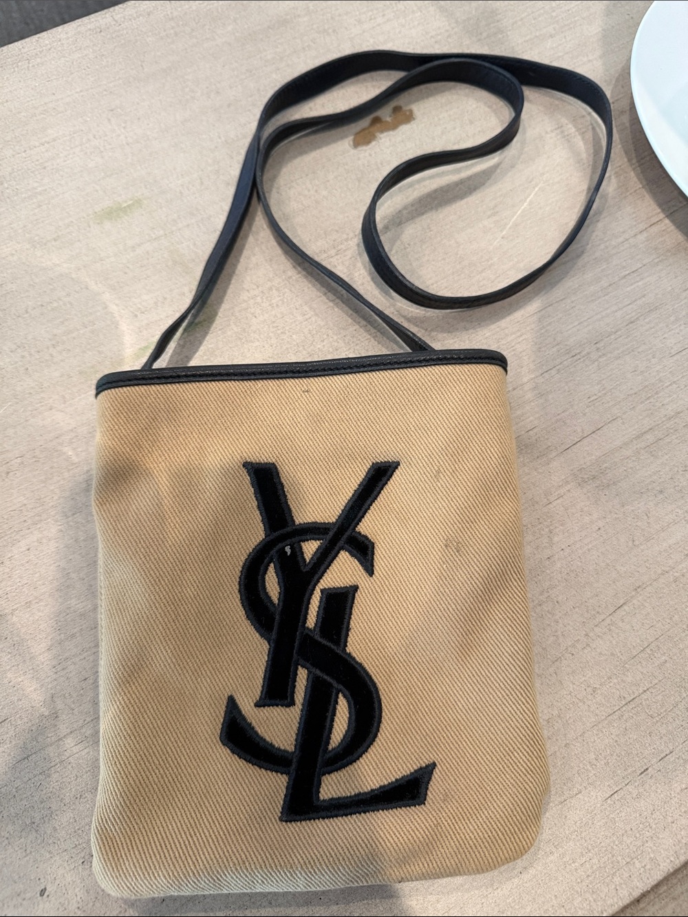 Saint Laurent Tan Canvas Messenger Bag with Black Logo
